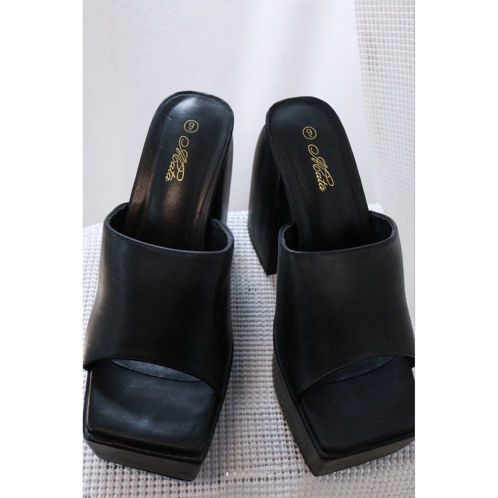 Allata Women Black Platform Mule Sandals Square Toe Chunky Block Heel Size 9